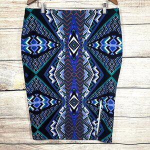 Bisou Bisou Pencil Skirt Womens Size XL Multicolor Ikat Slit Side Pull On